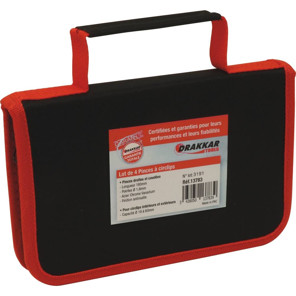 Pinces droites pour circlips intérieur et extérieur 19/60mm - trousse de 4 pcs DRAKKAR TOOLS - 13783