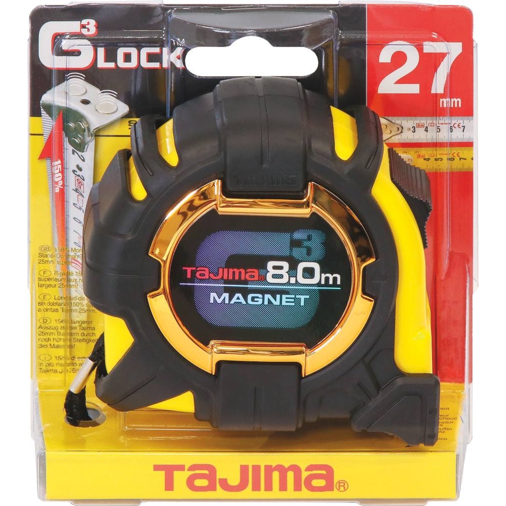 Mètre mesure à ruban autoblocant 8m 27mm graduation recto/verso magnétique - TAJIMA - 14343
