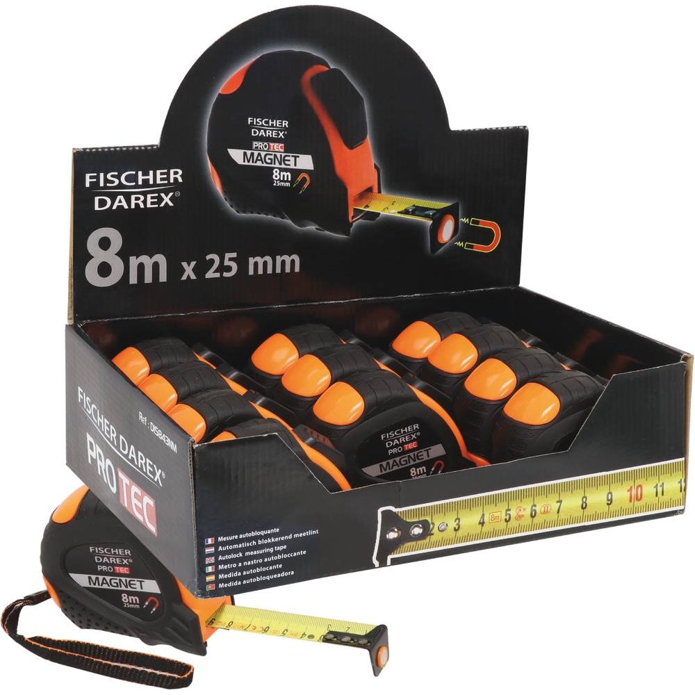 Mètre/mesure à ruban autoblocant 8x25mm magnétique boîtier bi-matière - présentoir de 12 pcs FISHER DAREX - 14388