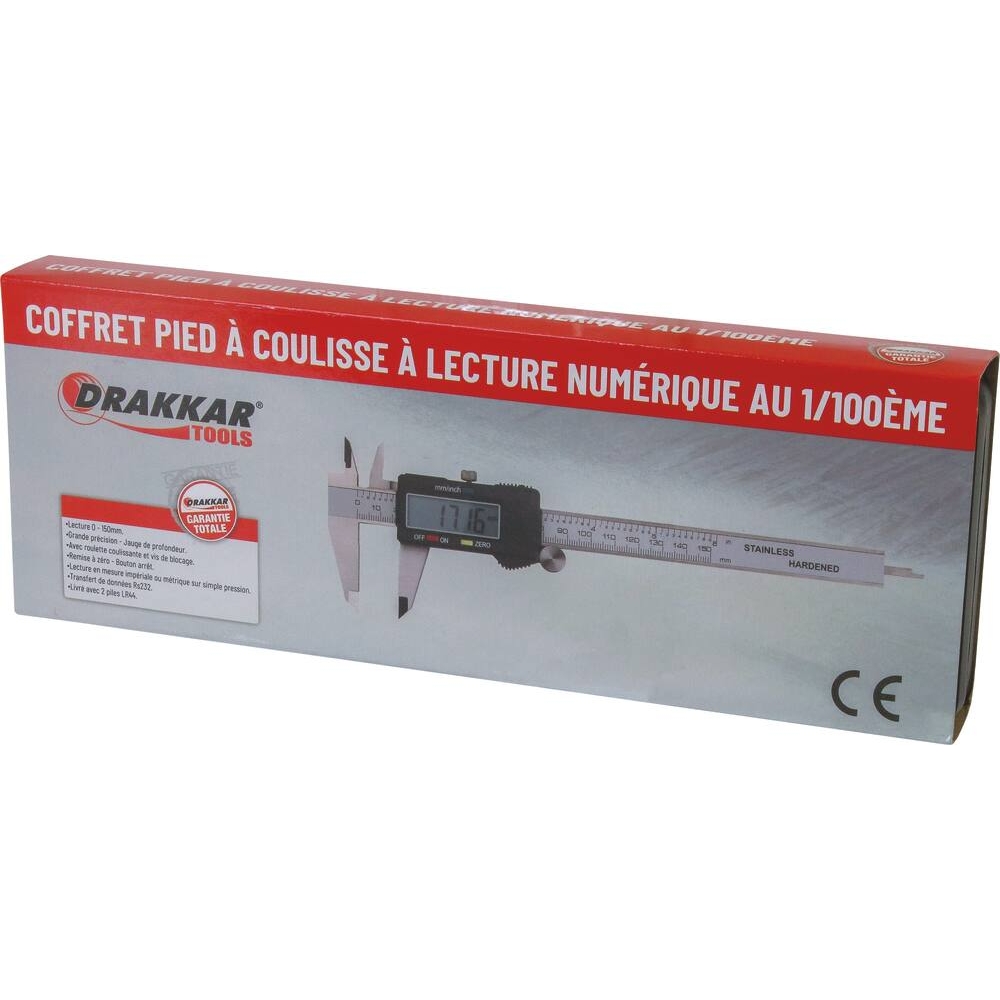 Pied à coulisse digital 150mm 1/100 avec jauge de profondeur - coffret DRAKKAR TOOLS - 14404