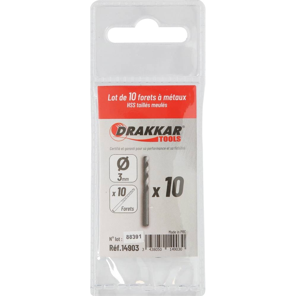 Foret à métaux HSS 3mm - lot de 10 pcs DRAKKAR TOOLS - 14903