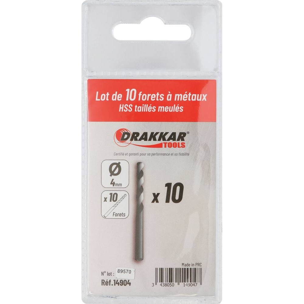 Foret à métaux HSS 4mm - lot de 10 pcs DRAKKAR TOOLS - 14904