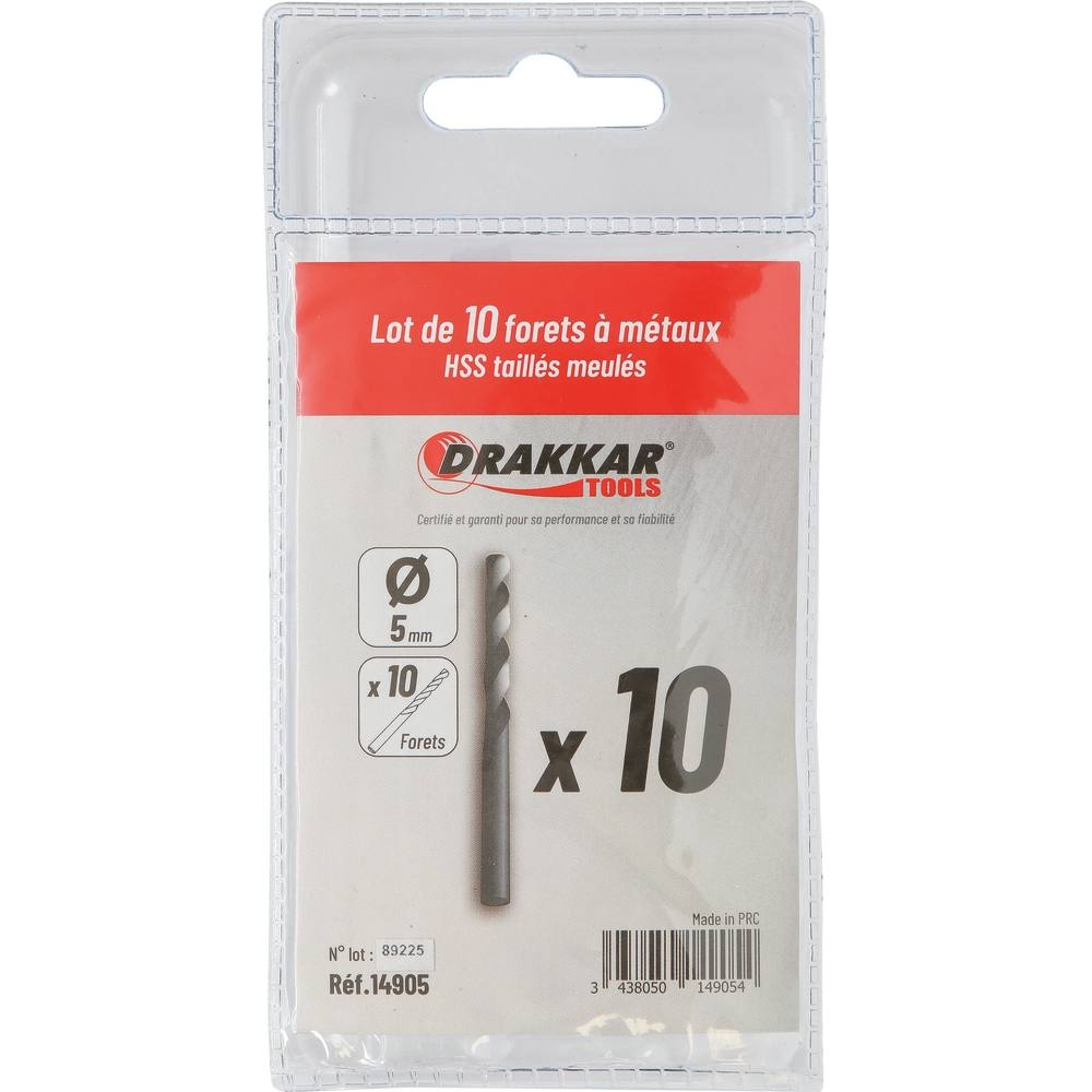 Foret à métaux HSS 5mm - lot de 10 pcs DRAKKAR TOOLS - 14905