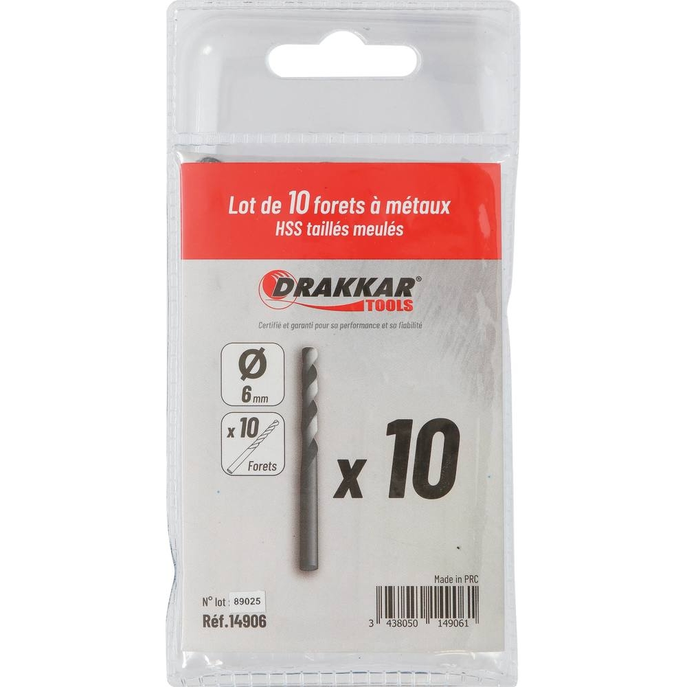Foret à métaux HSS 6mm - lot de 10 pcs DRAKKAR TOOLS - 14906