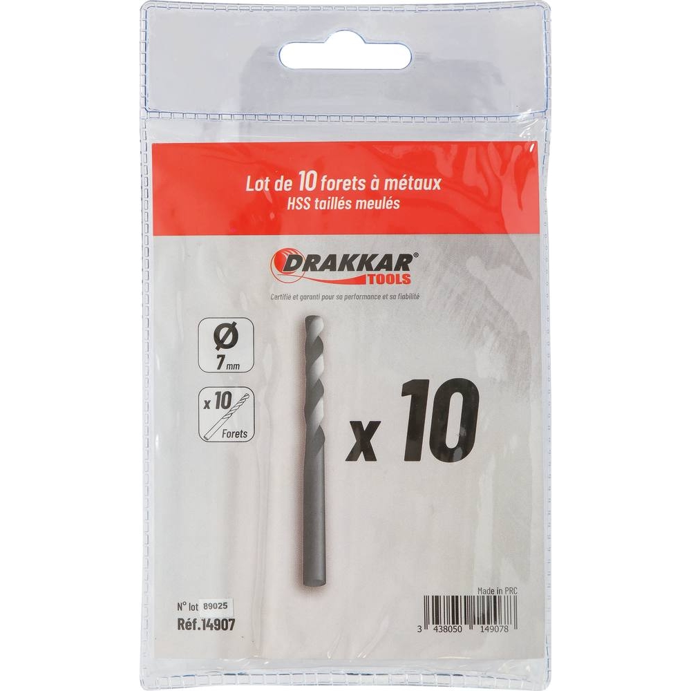 Foret à métaux HSS 7mm - lot de 10 pcs DRAKKAR TOOLS - 14907