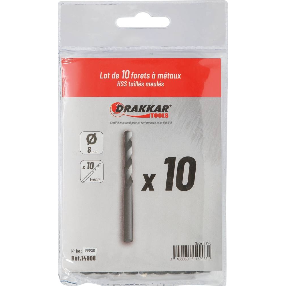 Foret à métaux HSS 8mm - lot de 10 pcs DRAKKAR TOOLS - 14908