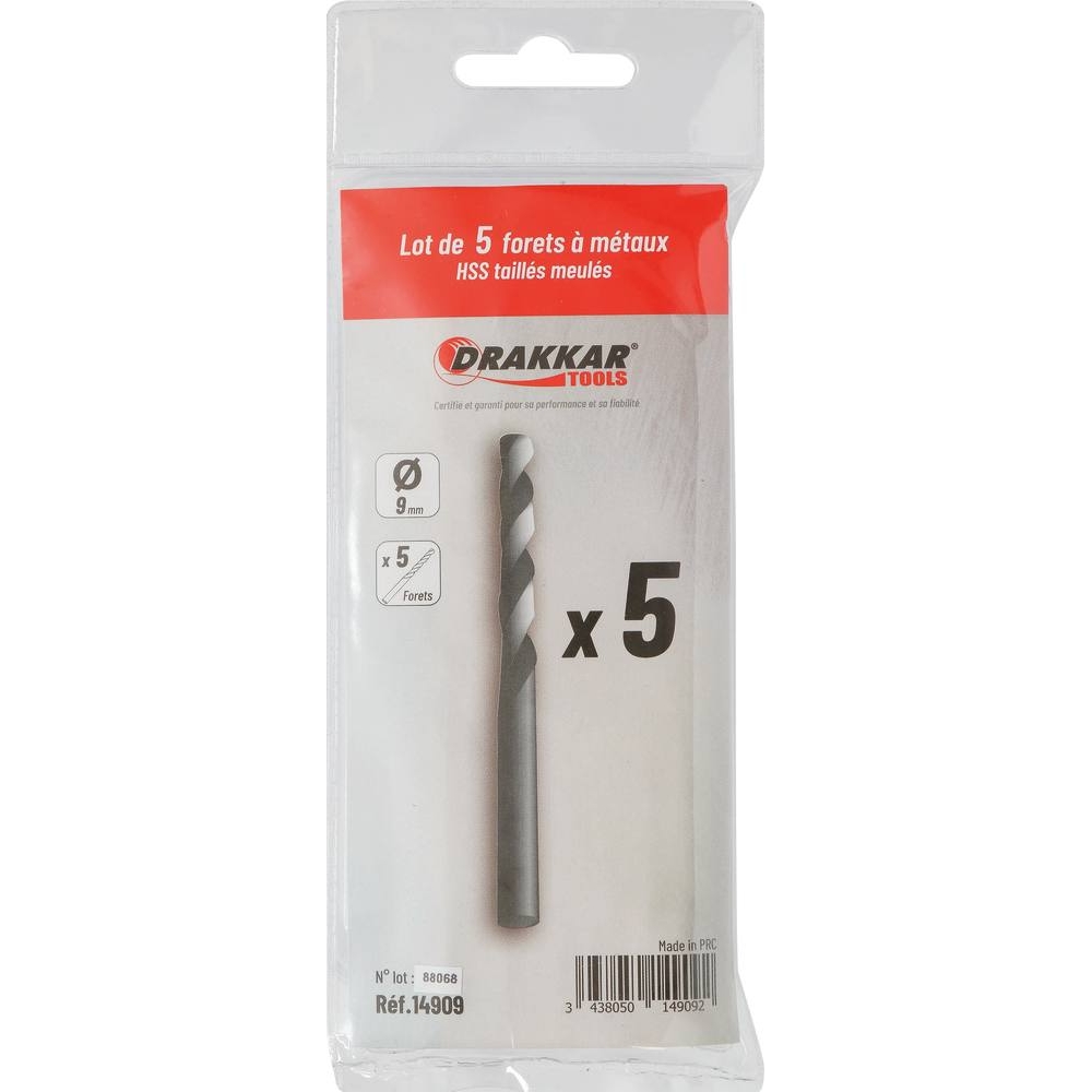 Foret à métaux HSS 9mm - lot de 5 pcs DRAKKAR TOOLS - 14909