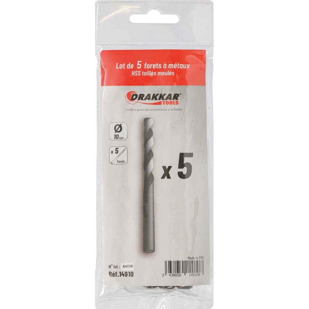 Foret à métaux HSS 10mm - lot de 5 pcs DRAKKAR TOOLS - 14910