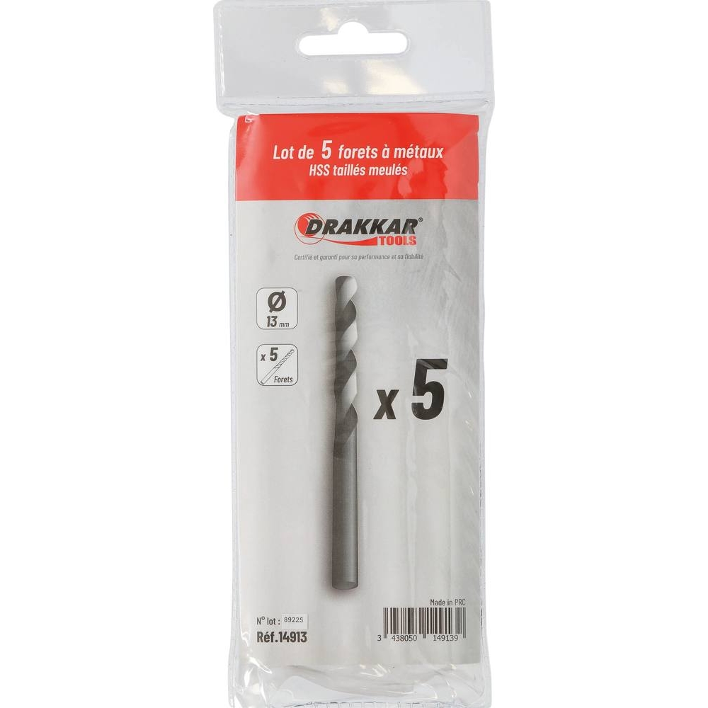 Foret à métaux HSS 13mm - lot de 5 pcs DRAKKAR TOOLS - 14913