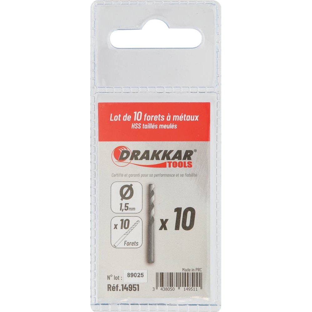 Foret à métaux HSS 1,5mm - lot de 10 pcs DRAKKAR TOOLS - 14951