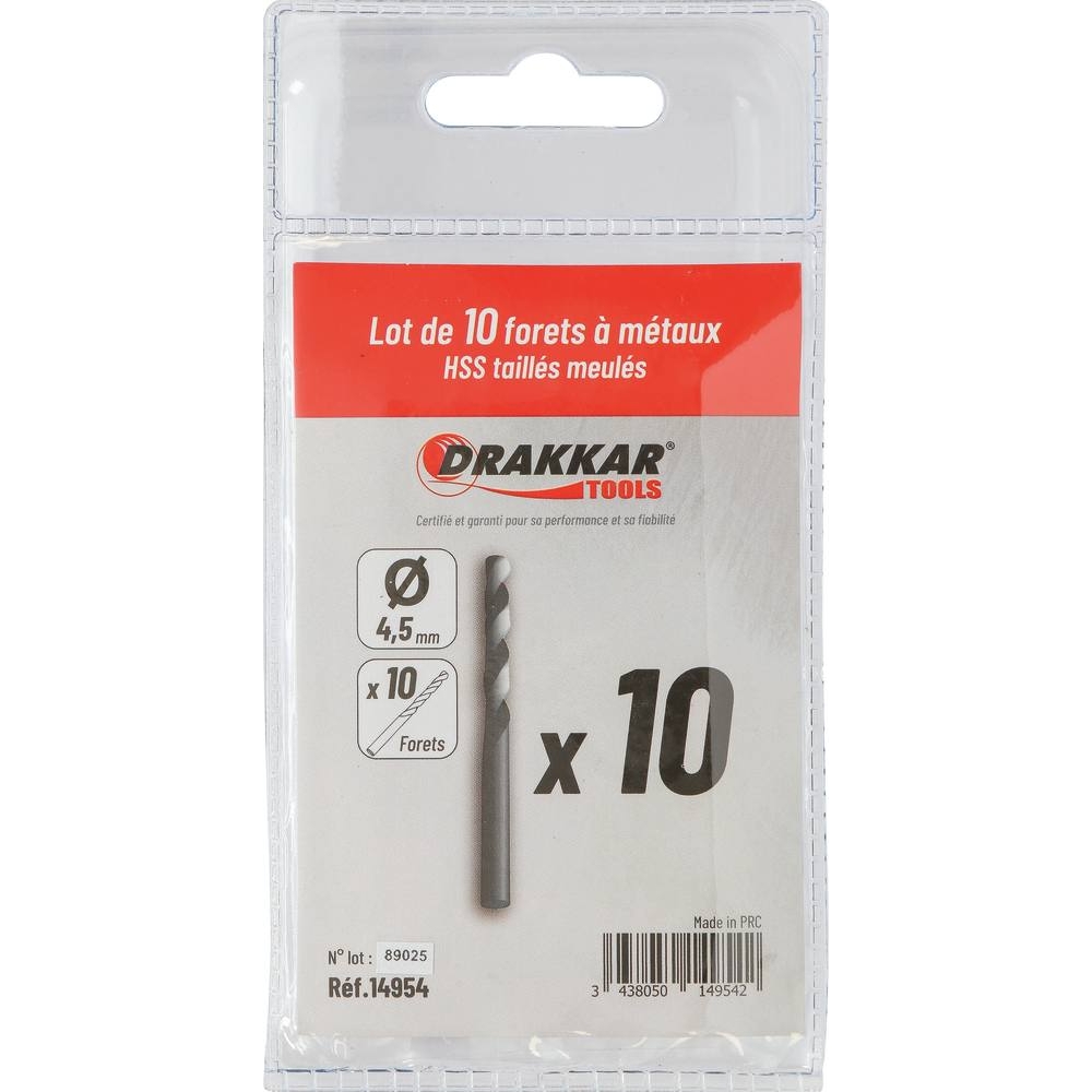 Foret à métaux HSS 4,5mm - lot de 10 pcs DRAKKAR TOOLS - 14954