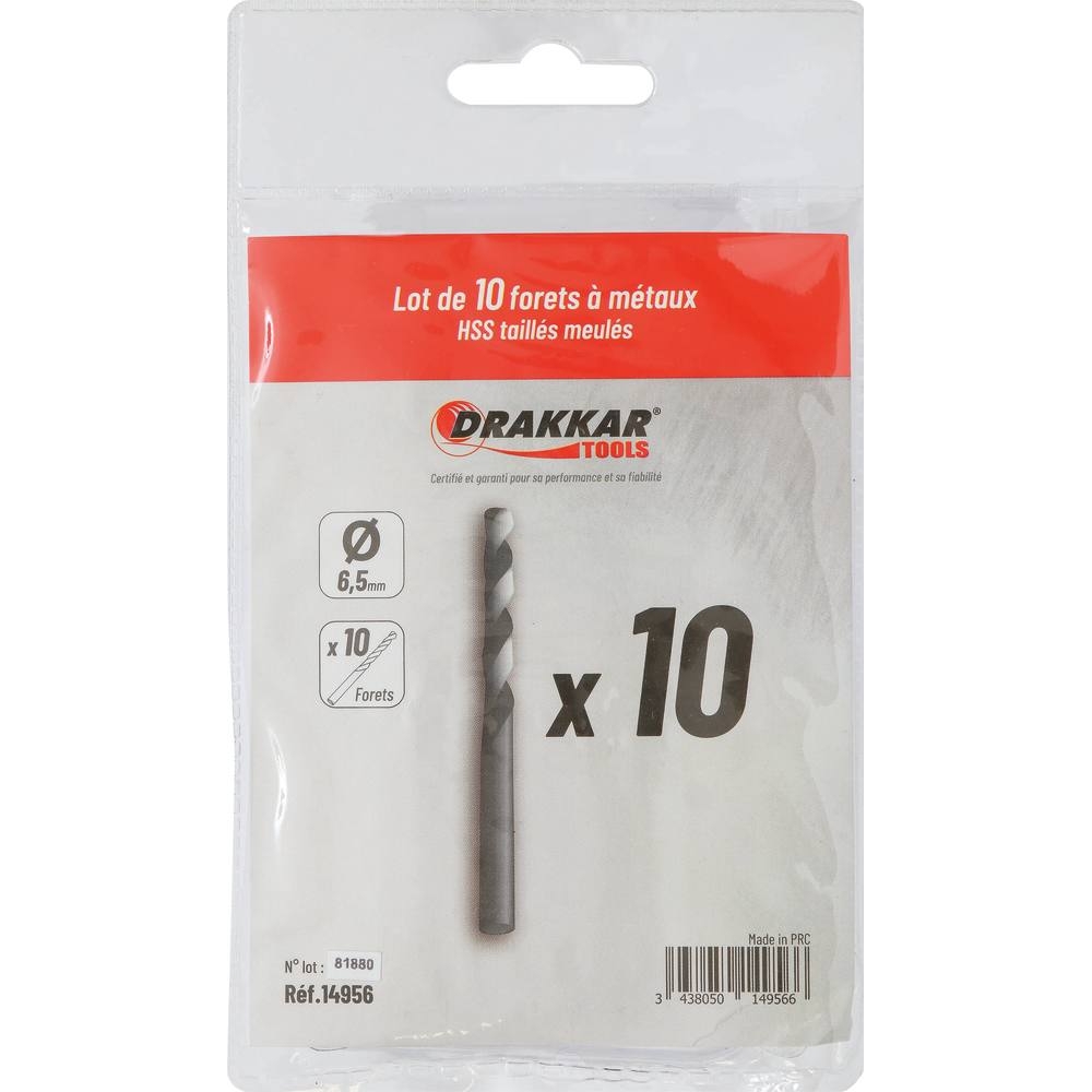Foret à métaux HSS 6,5mm - lot de 10 pcs DRAKKAR TOOLS - 14956