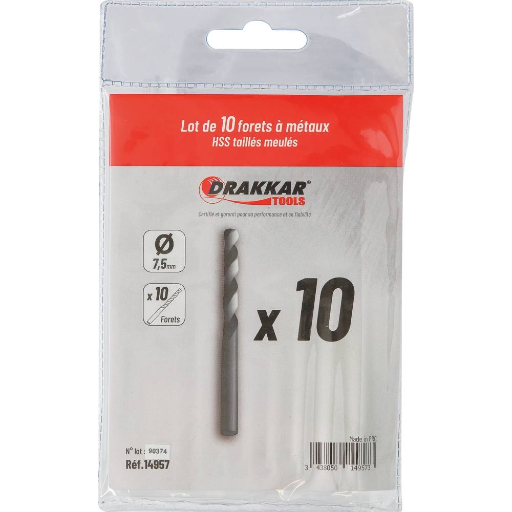 Foret à métaux HSS 7,5mm - lot de 10 pcs DRAKKAR TOOLS - 14957