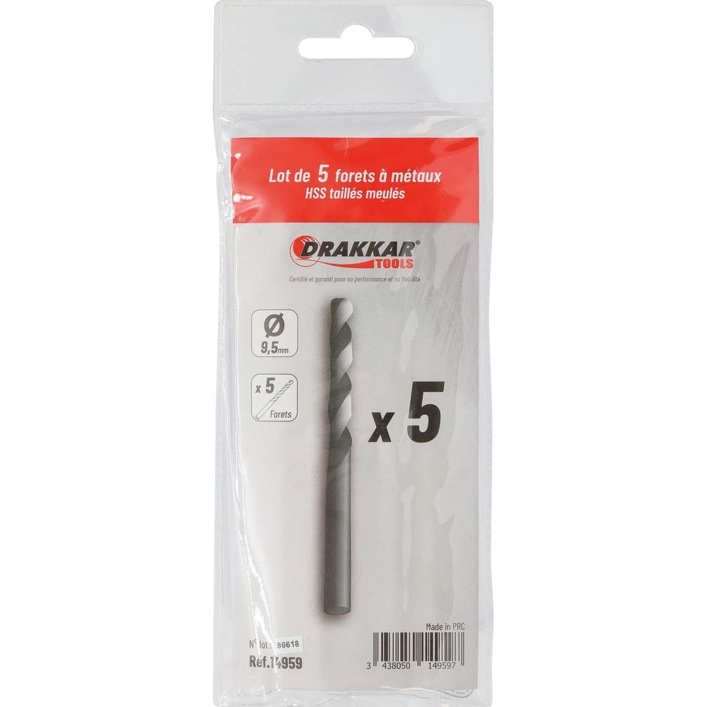 Foret à métaux HSS 9,5mm - lot de 5 pcs DRAKKAR TOOLS - 14959