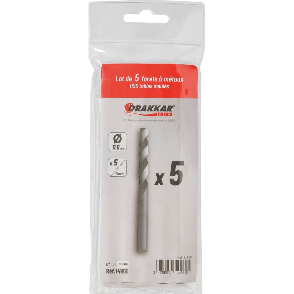Foret à métaux HSS 11,5mm - lot de 5 pcs DRAKKAR TOOLS - 14961