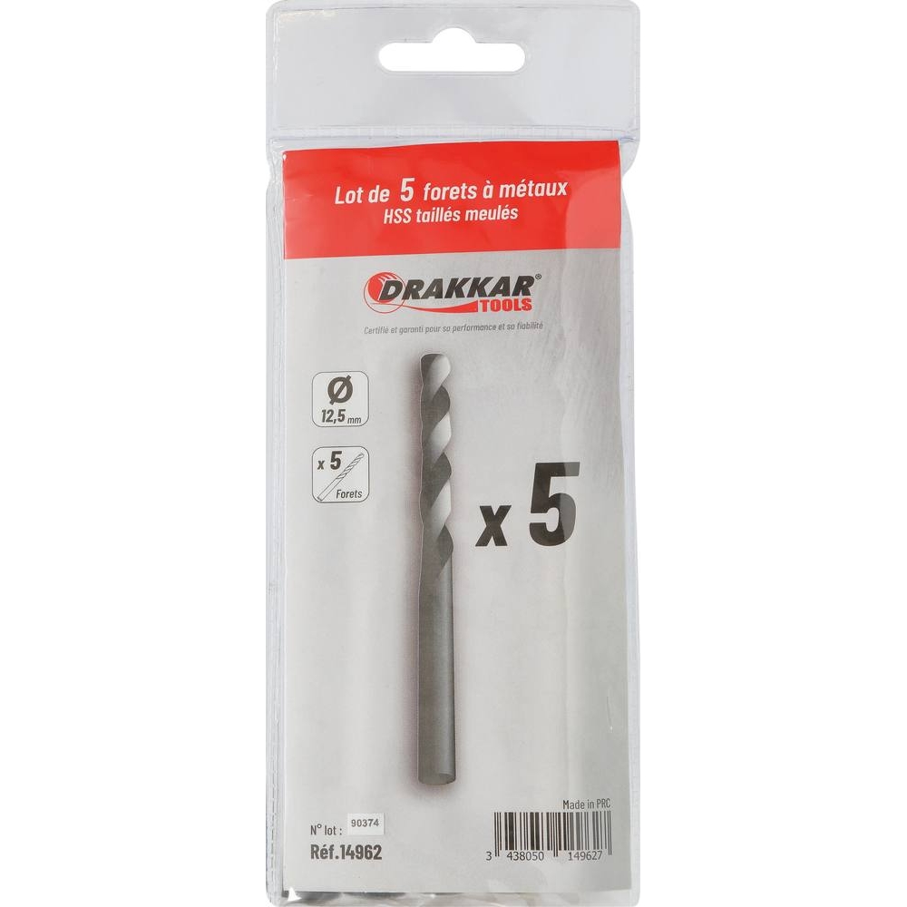 Foret à métaux HSS 12,5mm - lot de 5 pcs DRAKKAR TOOLS - 14962