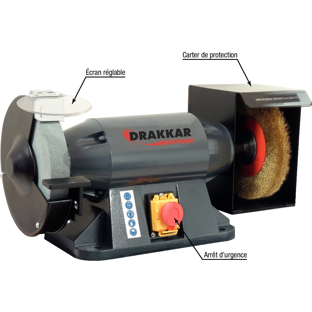 Touret à meuler 230V 900W 200mm meule/brosse DRAKKAR - 15527