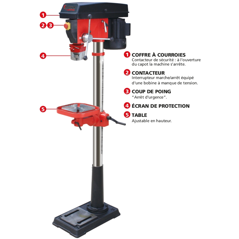 Perceuse sur colonne 230V 750W 1,6m CM2 55kg DRAKKAR - 15593