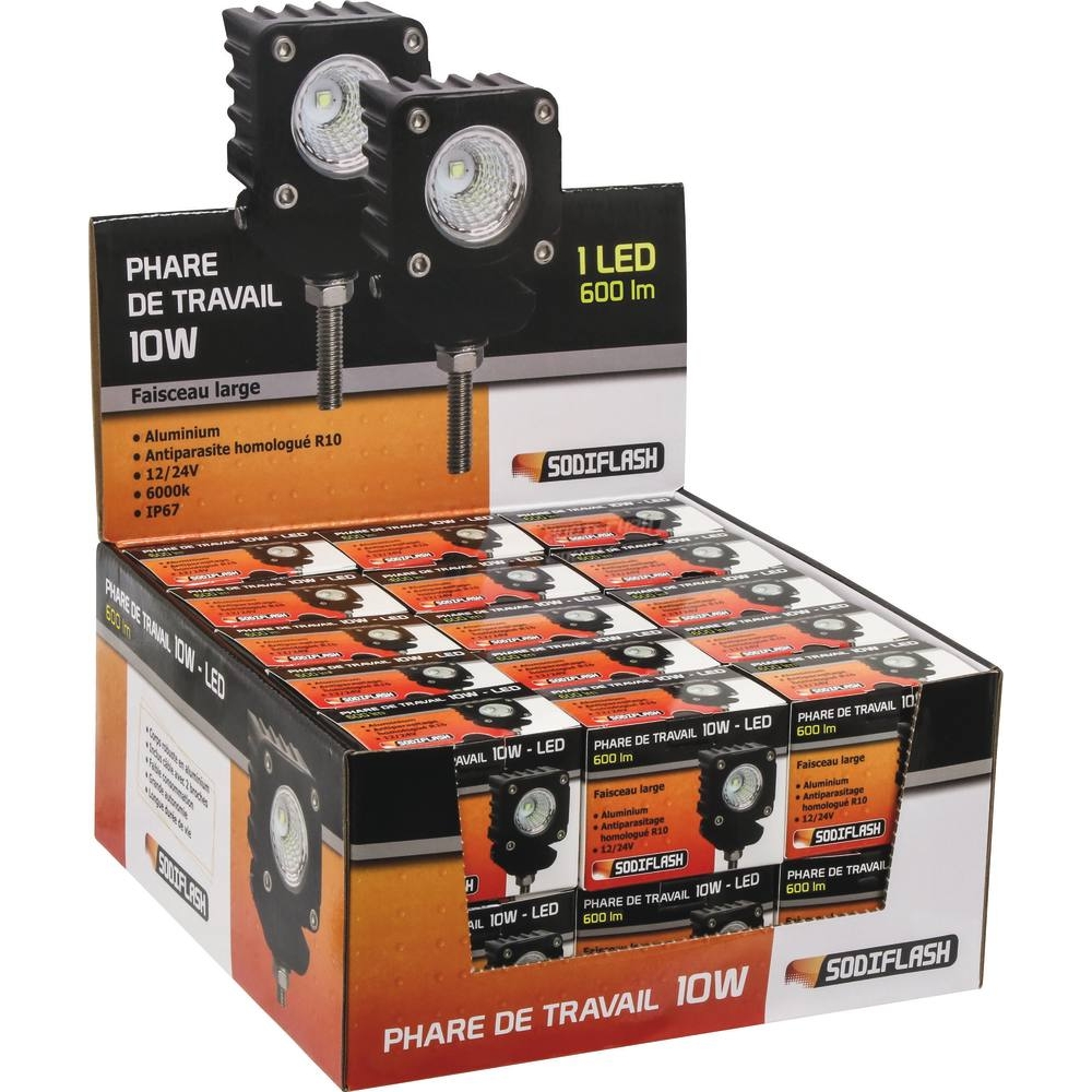 Phare de travail carré LED 10/32V 10W 600 lumens SODIFLASH - 16034