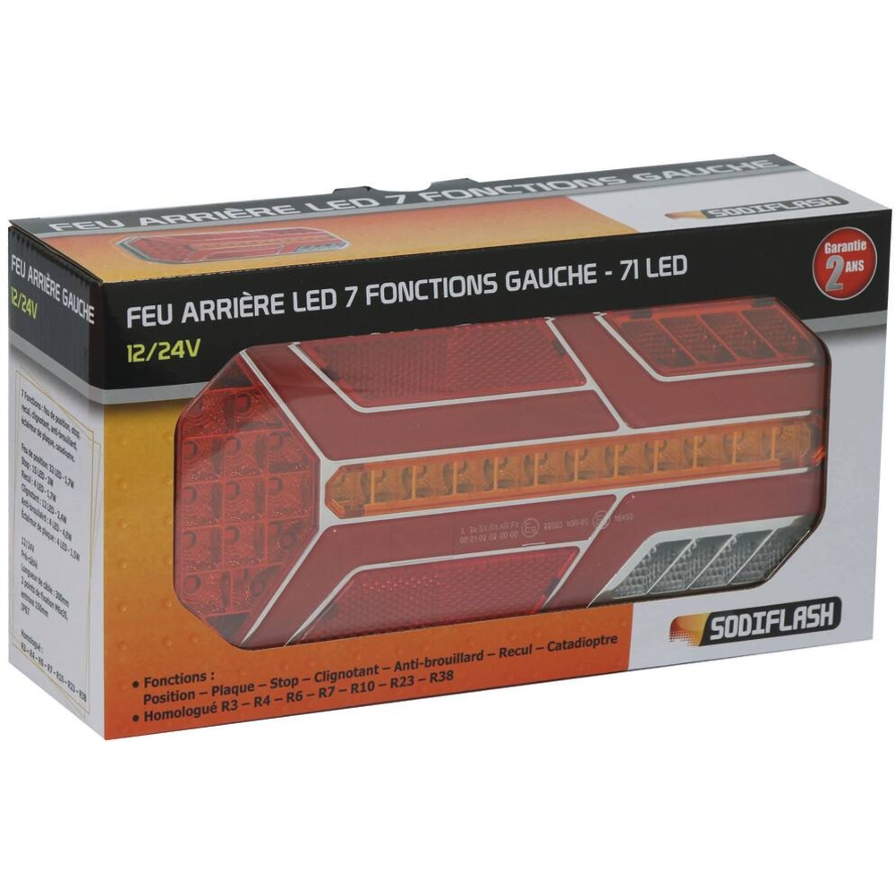 Feu arrière rectangle gauche LED 12/24V 7 fonctions 235x110mm SODIFLASH - 16095