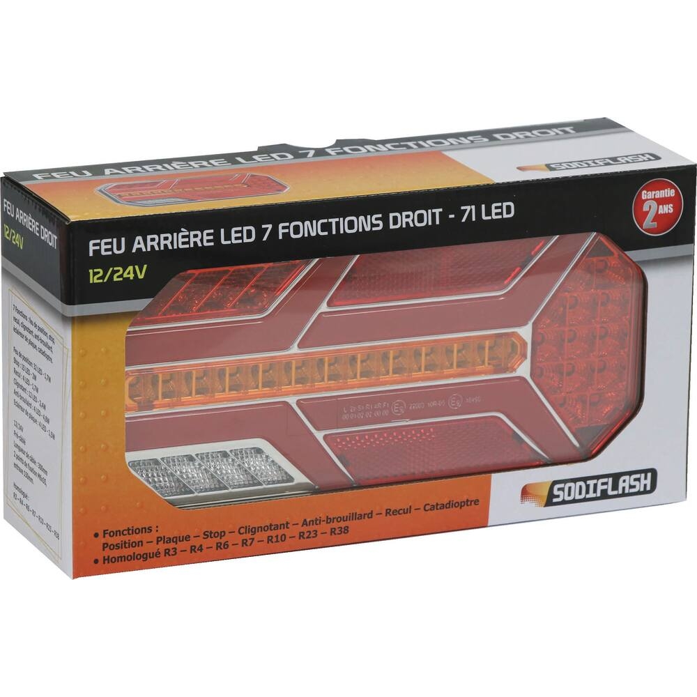 Feu arrière rectangle droit LED 12/24V 7 fonctions 235x110mm SODIFLASH - 16096