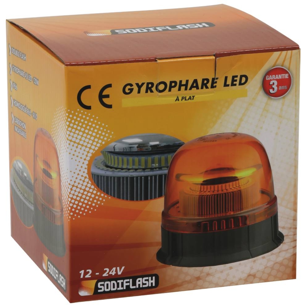 Gyrophare LED double flash 12/24V fixation à plat SODIFLASH - 16303