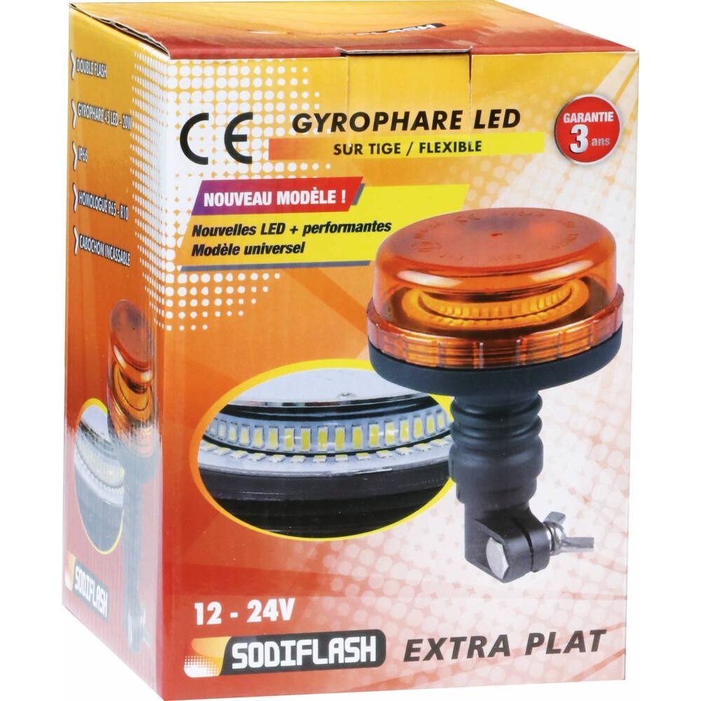 Gyrophare LED extra plat 12/24V double flash sur tige flexible SODIFLASH - 16311
