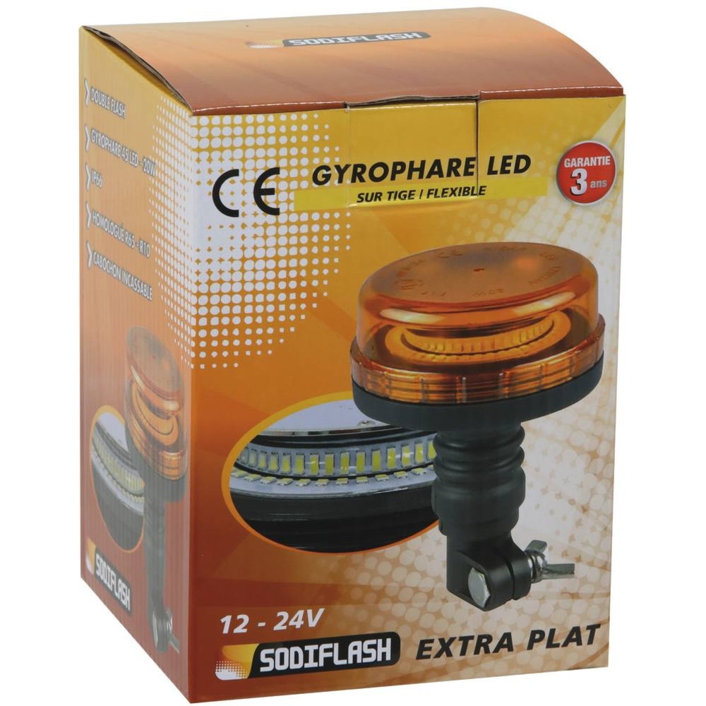 Gyrophare LED extra plat 12/24V double flash sur tige flexible SODIFLASH - 16311