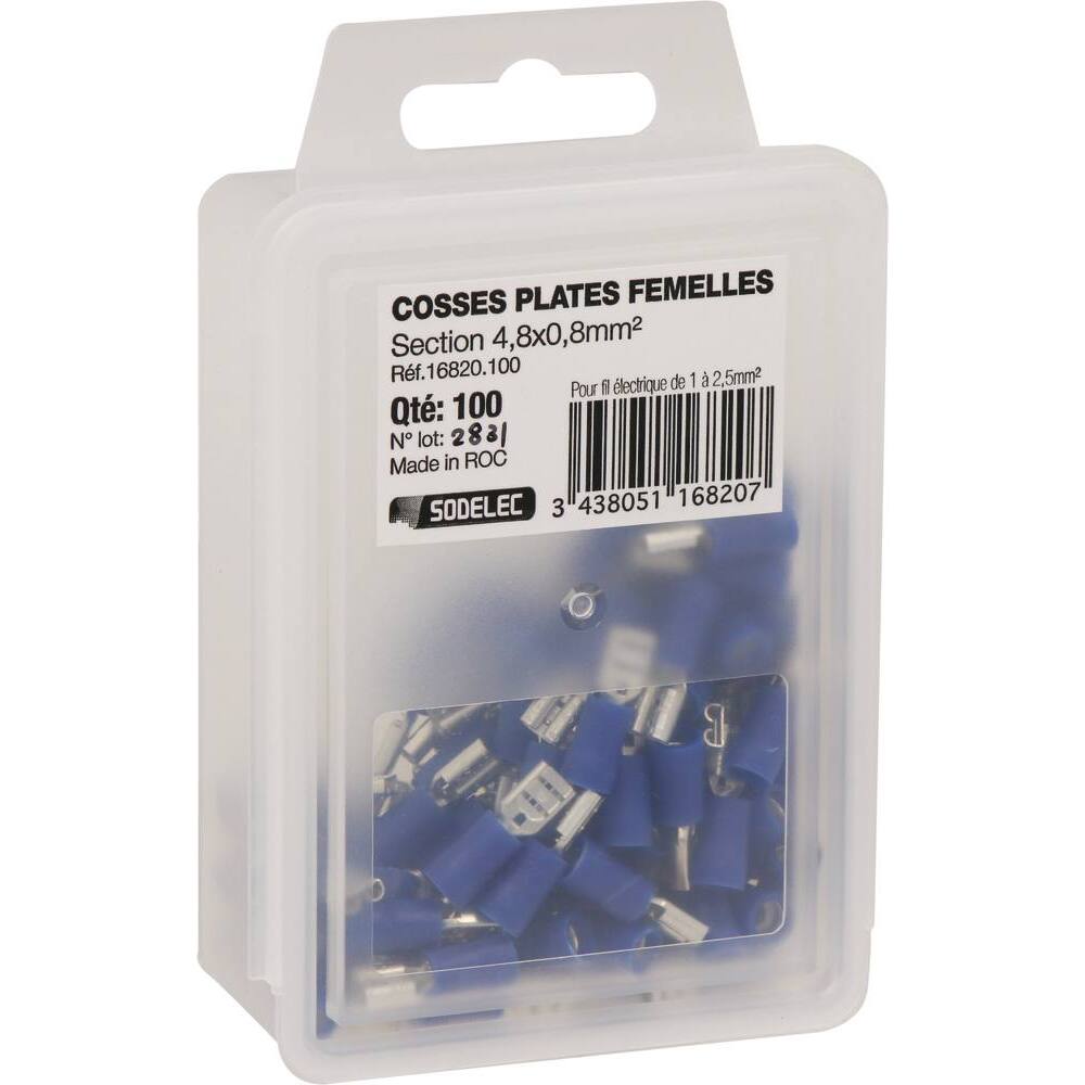 Cosse plate femelle isolée bleue 4,8X0,8mm - de 10 - SODELEC - 16820.10