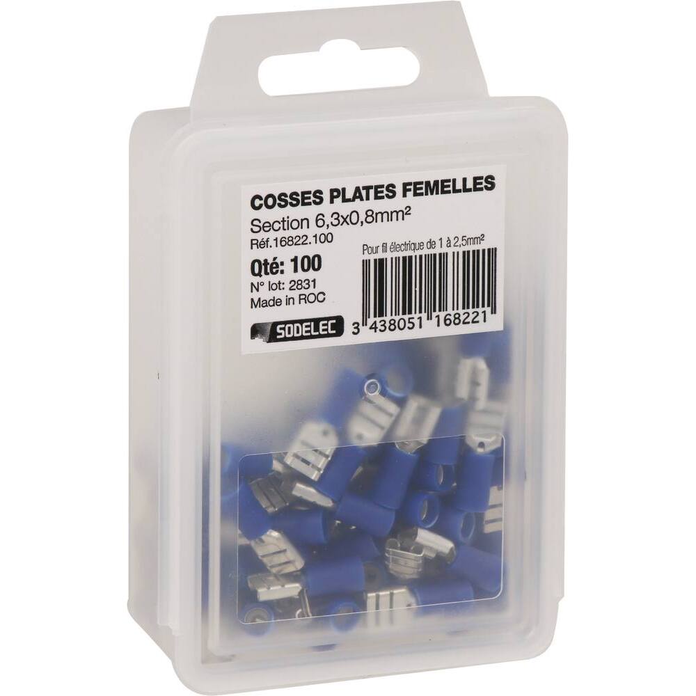 Cosse plate femelle isolée bleue 6,3X0,8mm - de 10 - SODELEC - 16822.10