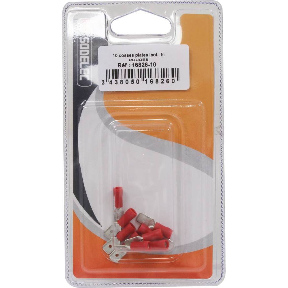 Cosse plate mâle isolée rouge 6,3X0,8 - de 10 - SODELEC - 16826.10