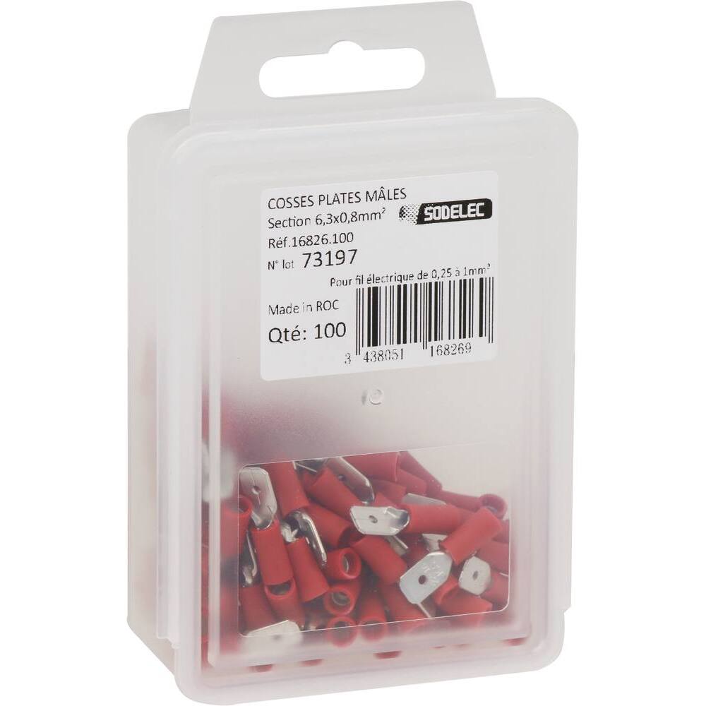 Cosse plate mâle isolée rouge 6,3X0,8 - de 10 - SODELEC - 16826.10