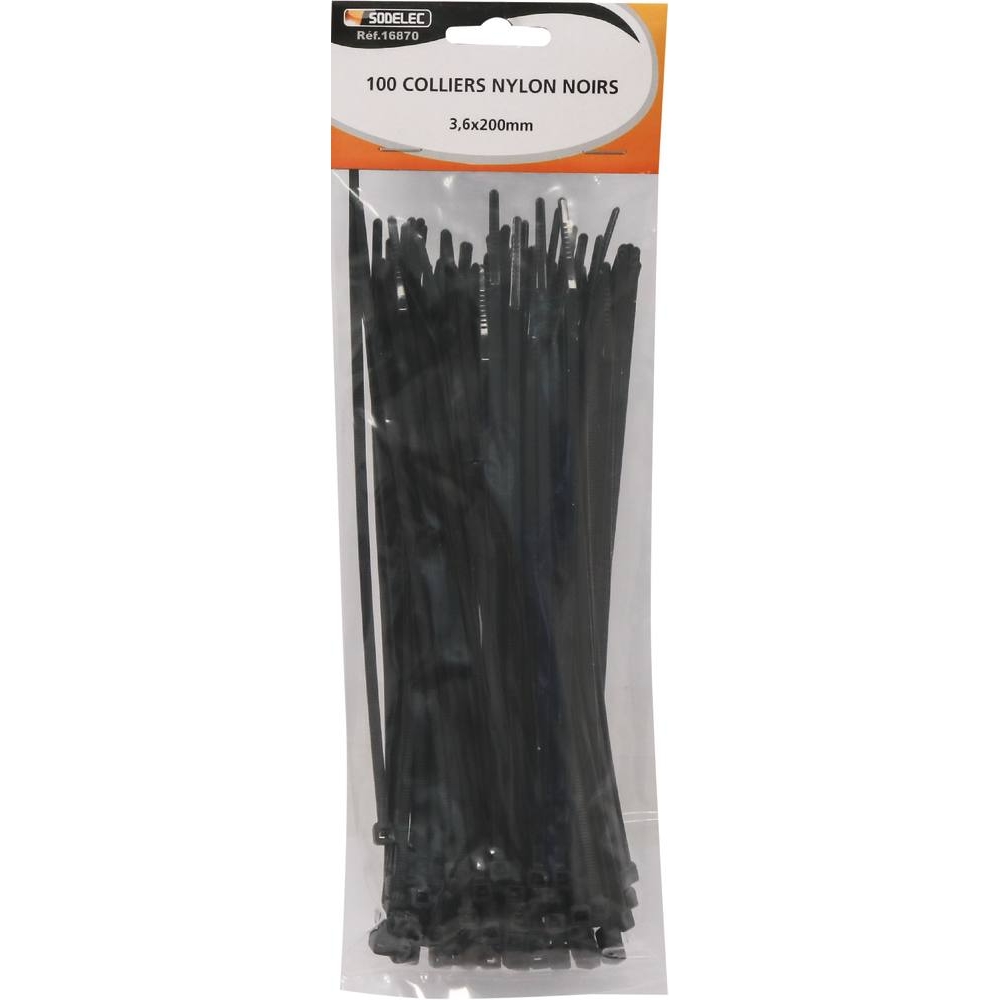 Collier nylon 3,6x200mm noir - lot de 100 pcs SODELEC - 16870