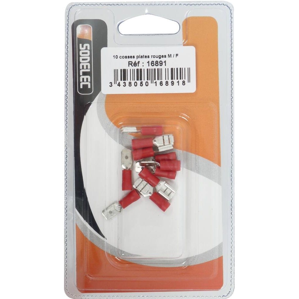 Cosse plate mâle et femelle isolée rouge 6,3x0,8mm - de 10 pcs SODELEC - 16891