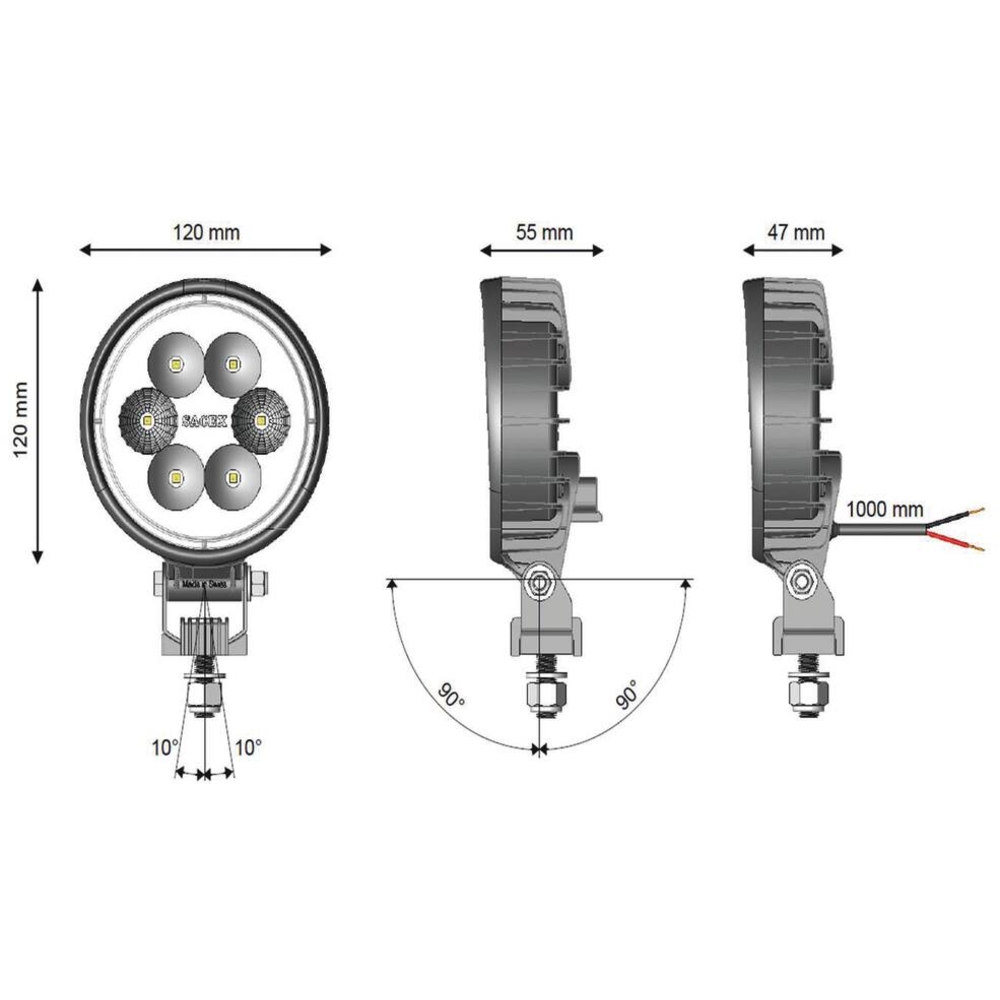 Phare de travail rond LED 10/30 12W 1500 lumens - boîtier carbone CEA - 17031