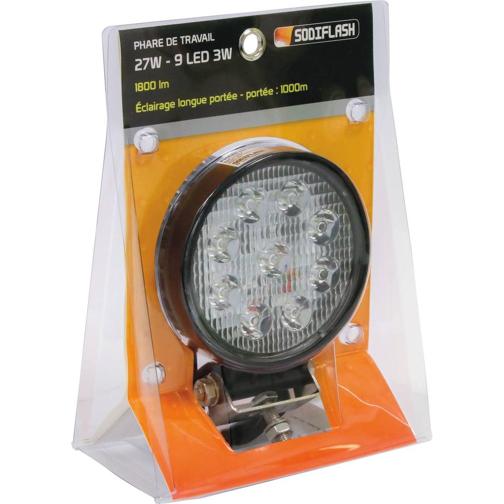 Phare de travail rond LED 10/32V 27W 1800 lumens faisceau longue portée - SODIFLASH - 17067