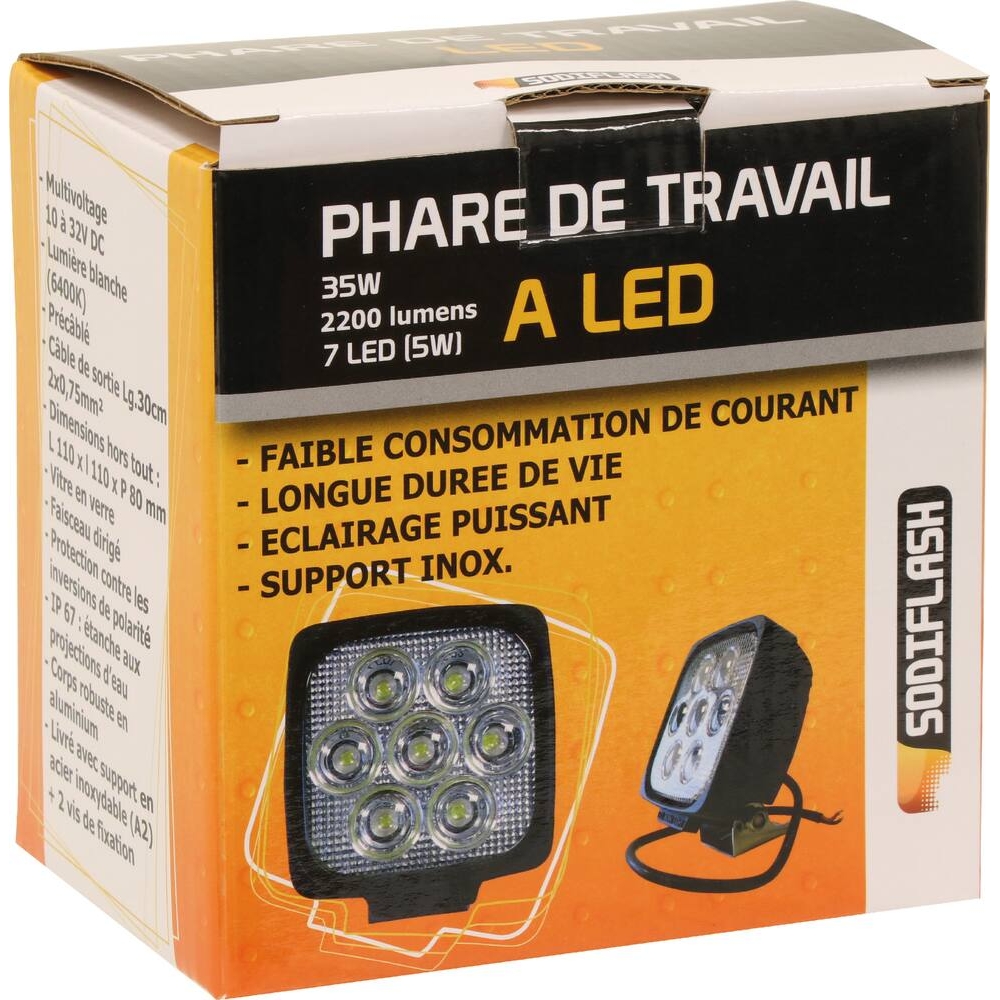 Phare de travail carré LED 10/32V 35W 2200 lumens SODIFLASH - 17071