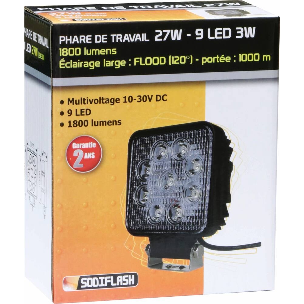 Phare de travail carré LED 10/30V 27W 1800 lumens faisceau large SODIFLASH - 17073