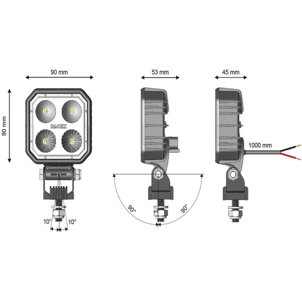 Phare de travail carré LED 10/30V 9W 1000 lumens sur support magnétique CEA - 17138