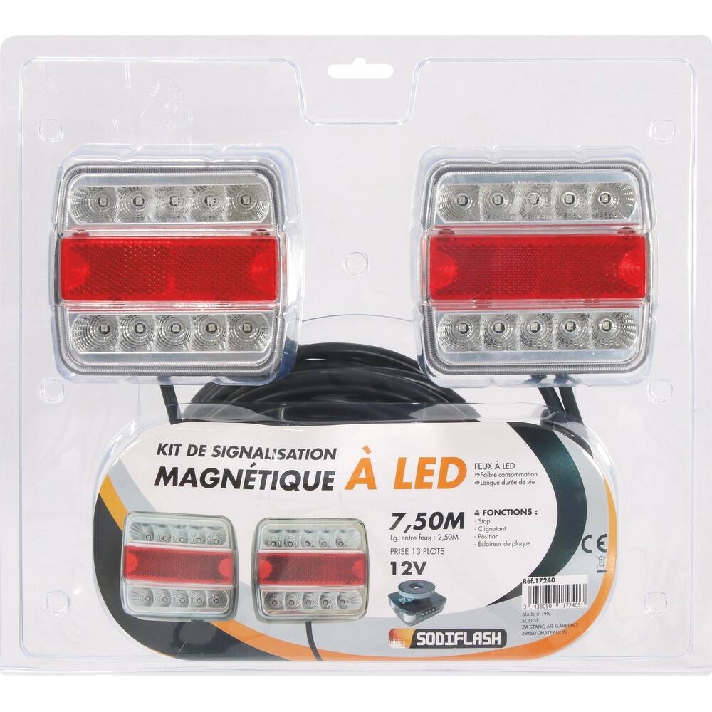 Kit de signalisation arrière LED 12V 7,5m magnétique avec fiche 13 plots - SODIFLASH - 17240