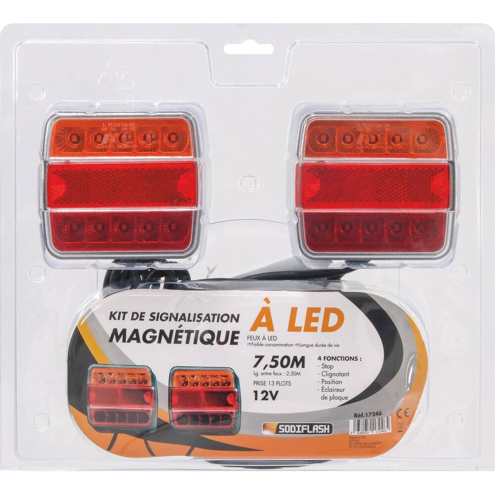 Kit de signalisation arrière LED 12V 7,5m magnétique avec fiche 13 plots - SODIFLASH - 17246