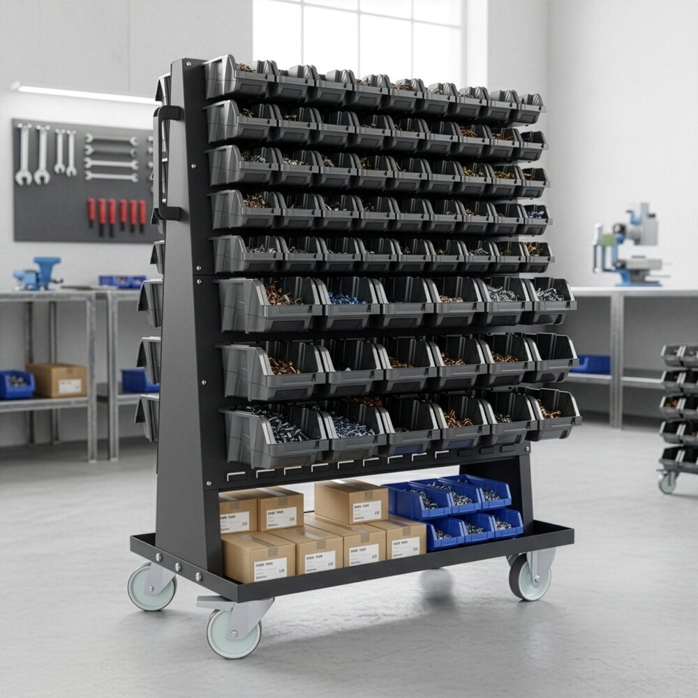 Etagère sur roulettes avec 126 boîtes à bec 1100x700x1430mm - 17754