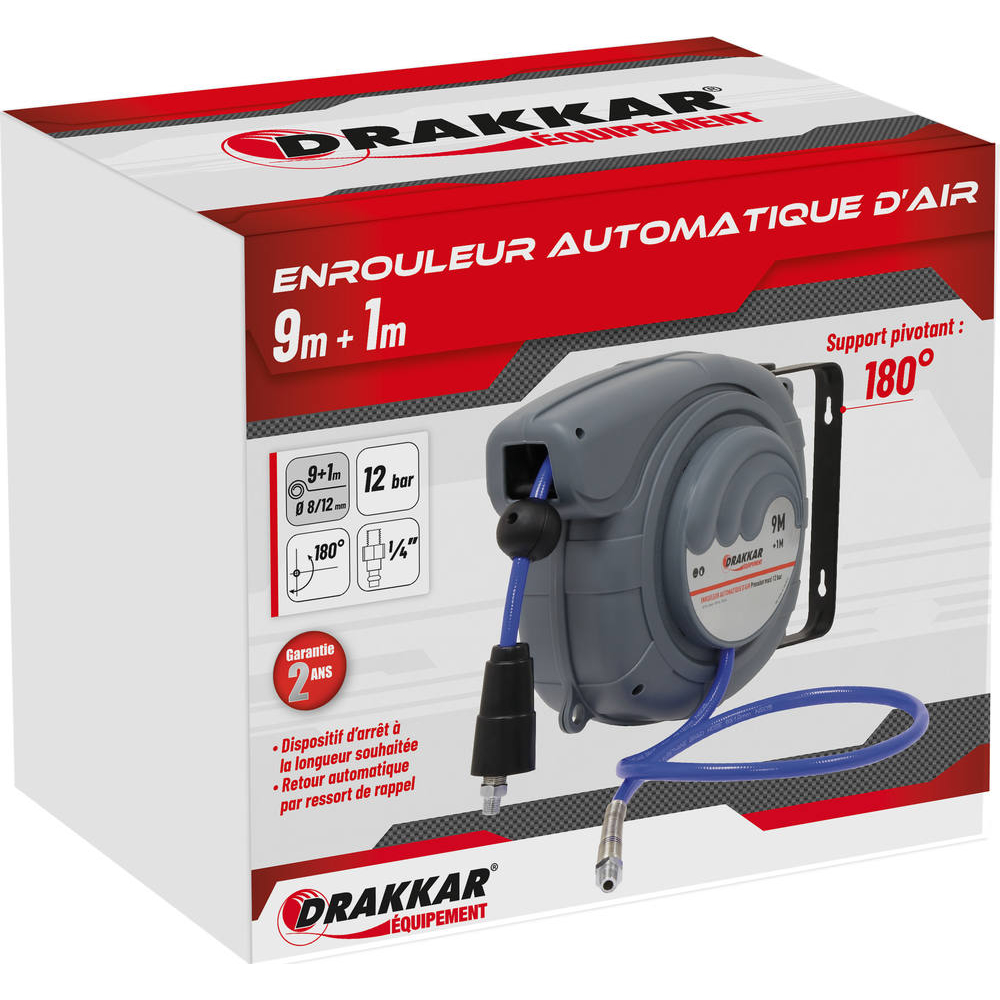 Enrouleur automatique orientable de tuyau d'air polyuréthane 12 bar 8x12mm 9+1m 1/4