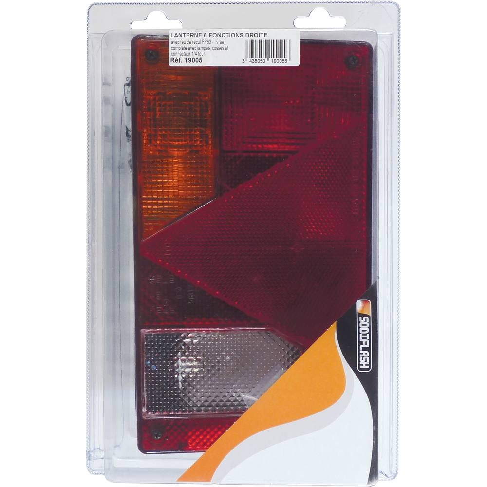 Feu arrière rectangle droit 12V 6 fonctions 235x135mm - SODIFLASH - 19005