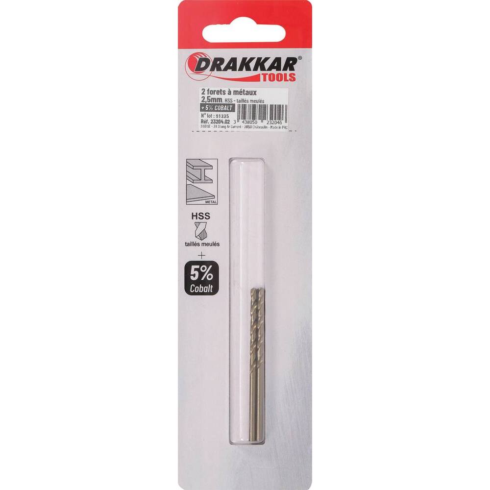 Foret à métaux HSS 5% cobalt 2,5mm - blister de 2 - DRAKKAR TOOLS - 23204.02