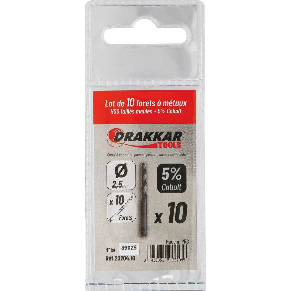 Foret à métaux HSS 5% cobalt 2,5mm - blister de 2 - DRAKKAR TOOLS - 23204.02