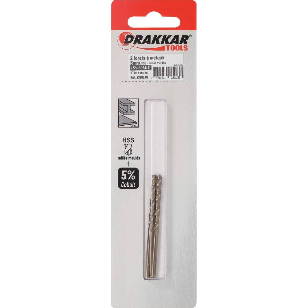 Foret à métaux HSS 5% cobalt 3mm - blister de 2 - DRAKKAR TOOLS - 23205.02