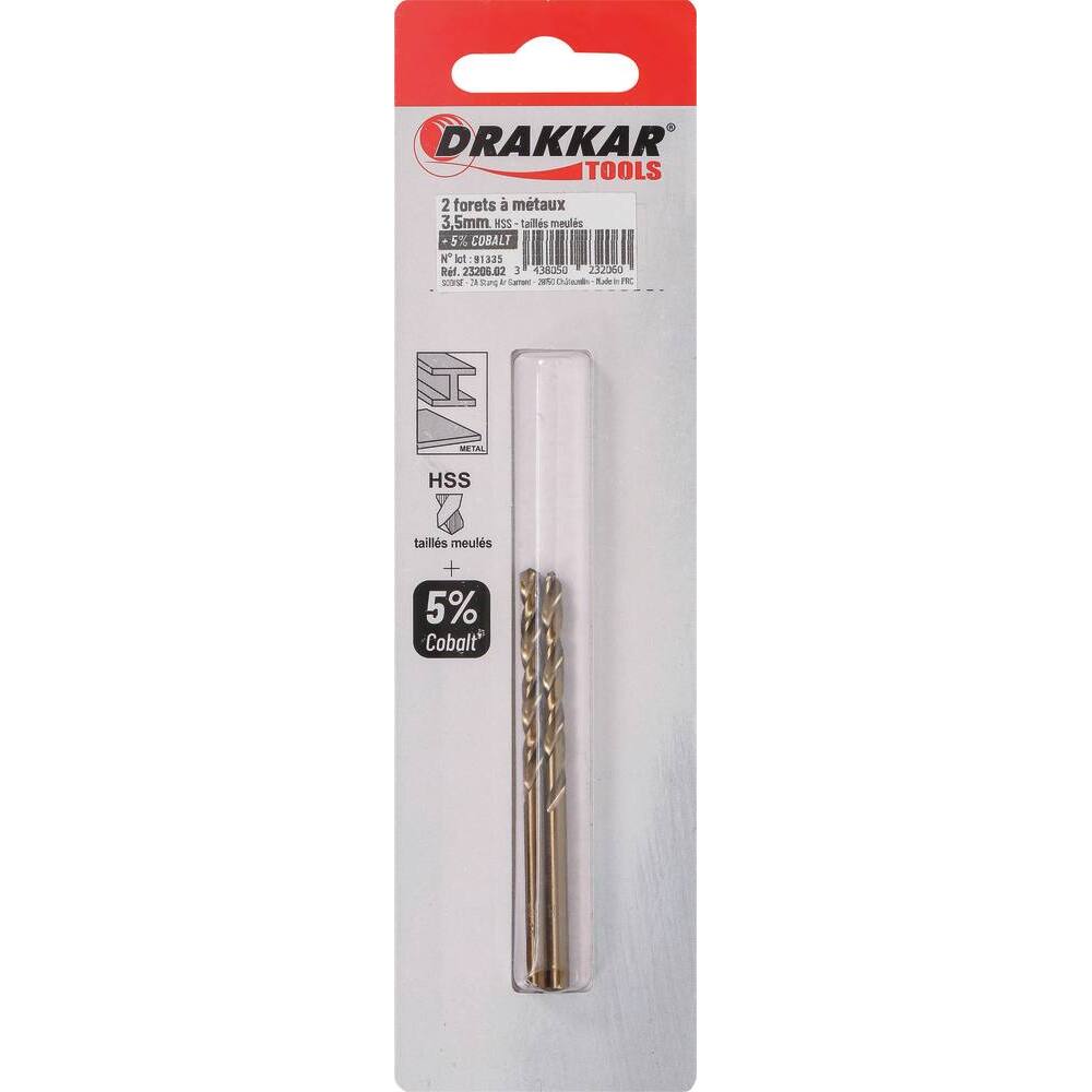 Foret à métaux HSS 5% cobalt 3,5mm - blister de 2 - DRAKKAR TOOLS - 23206.02