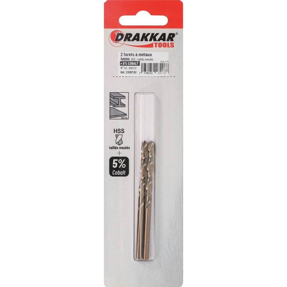 Foret à métaux HSS 5% cobalt 4mm - blister de 2 - DRAKKAR TOOLS - 23207.02