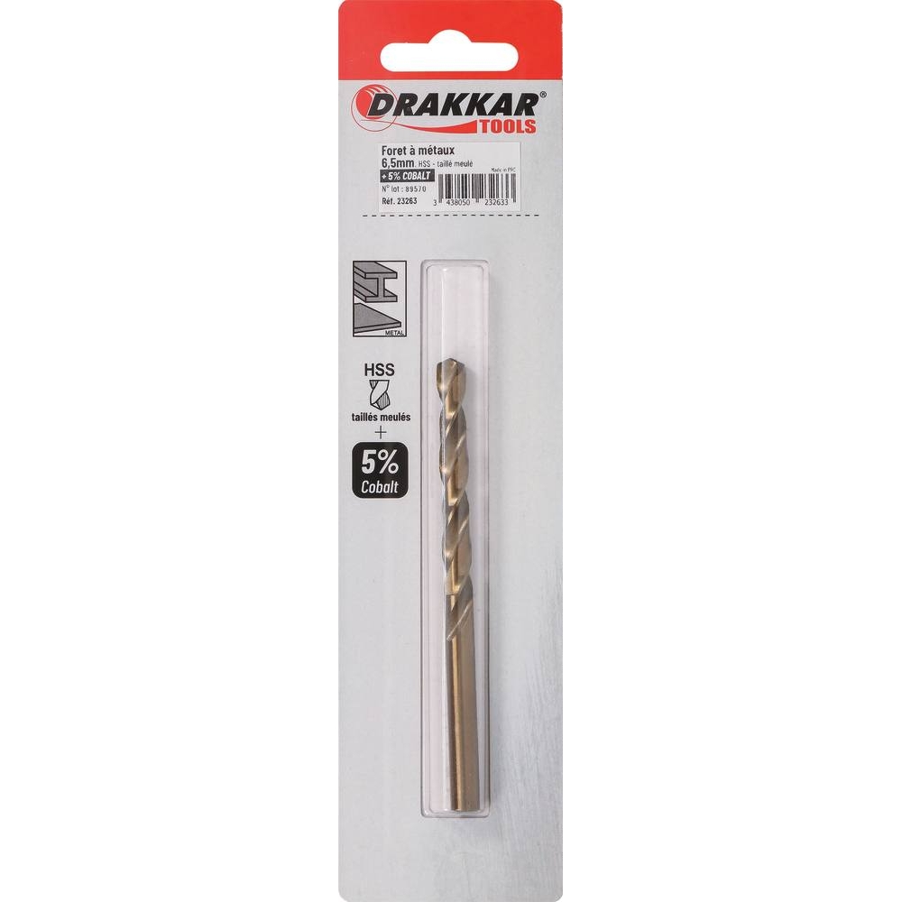 Foret à métaux HSS 5% cobalt 6,5mm - de 1 pcs DRAKKAR TOOLS - 23263